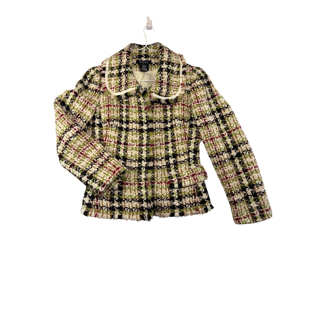 Etcetera Multi Color Plaid Wool Blend Tweed Jacket Zip Up Fringed Blazer Size 6